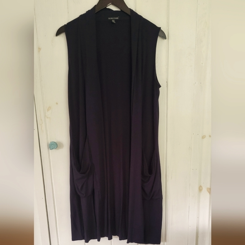 Eileen Fisher Navy Open Front Longline Vest Duster